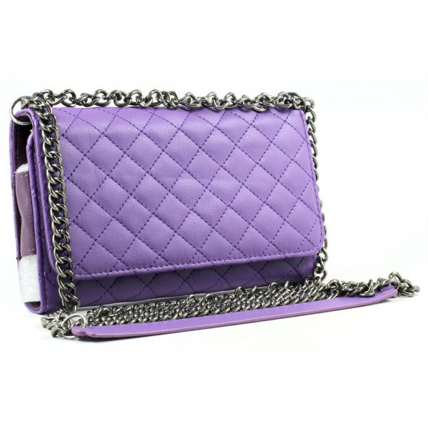 Wholesale Note 4, 3 Universal Quilted Flip Leather Wallet Case w Long Chain (Purple)